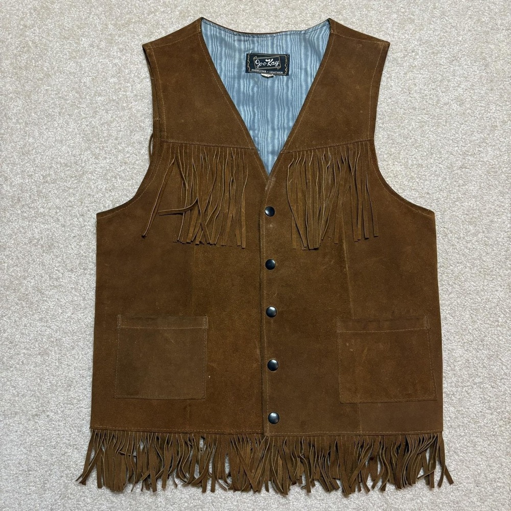 Vtg Joo Kay Suede Fringe Leather Vest Mens 40 Brown Western Cowboy Snap 60s 70s